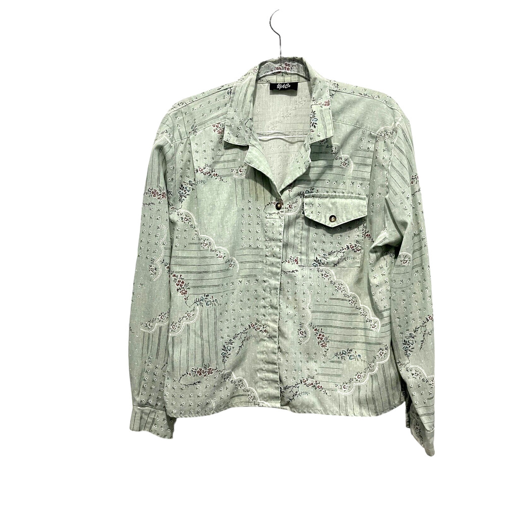Tap & Co Shirt Retro Granny Chic Cottagecore Floral Green White Womens XL Button